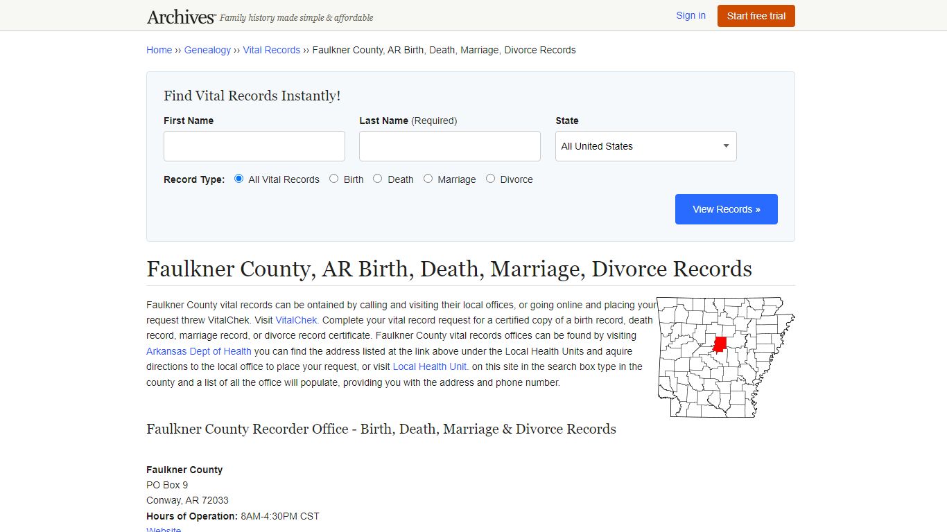 Faulkner County, AR Birth, Death, Marriage, Divorce Records